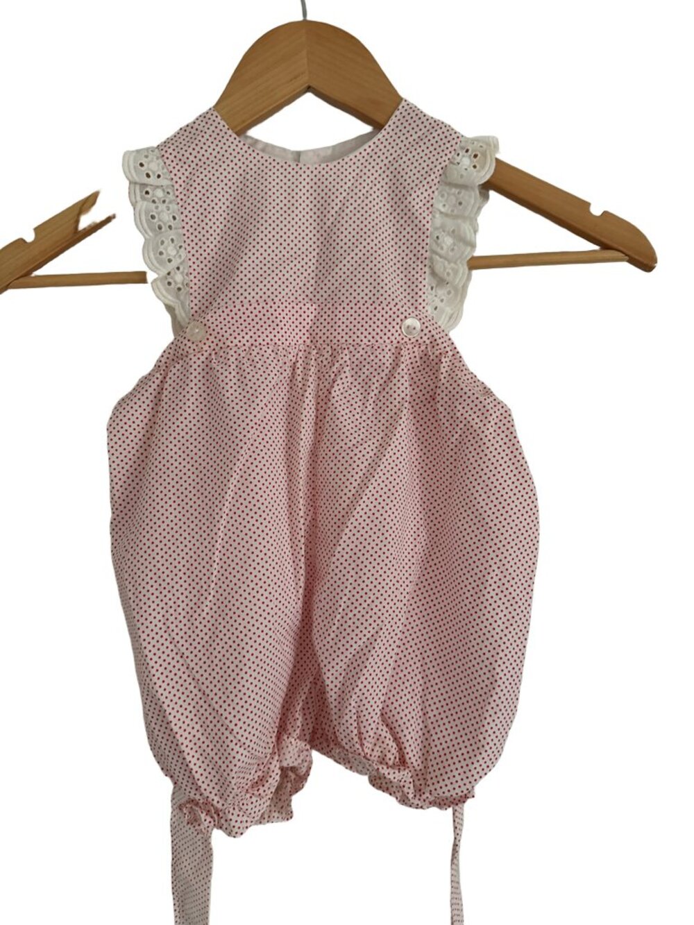 Vintage Baby Girl Dress White Red Polka Dots Eyelet Lace Trim (6RP6O)